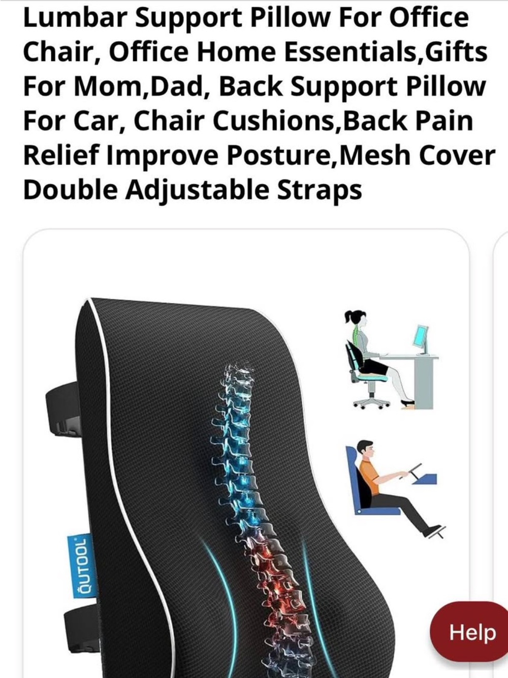 Lumbar Support Pillow with Mesh Cover - Black
